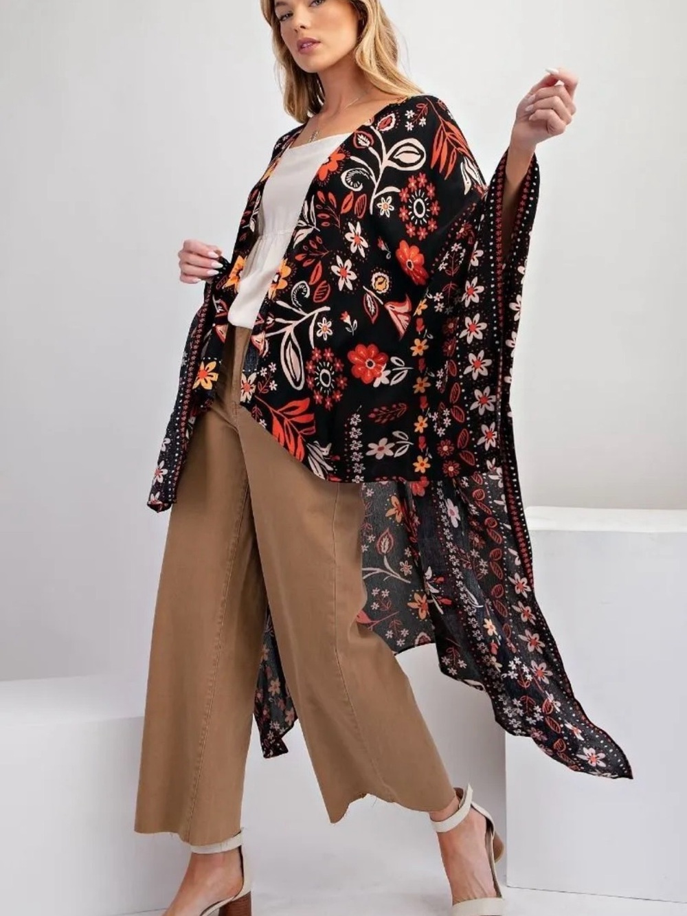 easel Black Floral Cardigan with Rust and Pink Accents